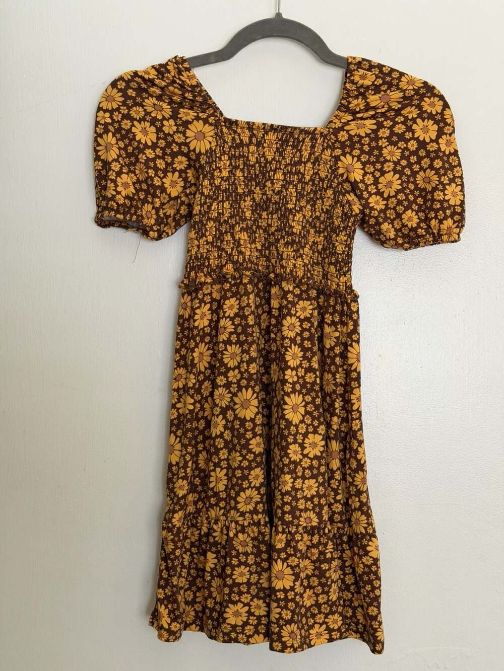 btween Brown and Yellow Floral Smocked Puff Sleeve Dress kids 10